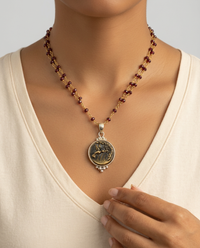 Victorian Picture Metal Hummingbird Image set in Sterling Silver w/ Facet Garnet Rosary — worn on model