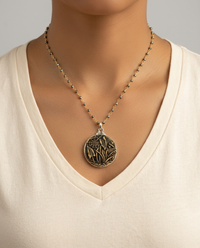 Victorian Picture Metal Bee Spider Web Image set in Sterling Silver w/ Facet Garnet Rosary — worn on model