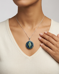 Victorian Czech Luster Glass Button Set in Sterling Silver With Sterling Silver Chain — worn on model