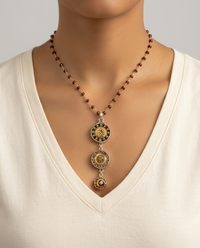 Victorian Button Ornate metal, Celluloid & Enamel Button Pendant w/ Garnet facet Stone Rosary — worn on model