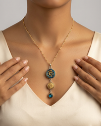 Victorian Picture Metal Dragon Button w/ Glass in Metal & Golden Age Button Pendant w/ Pyrrite facet Stone Rosary — worn on model