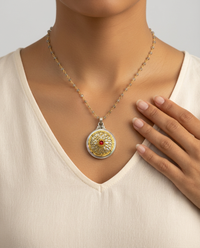Victorian Carved Shell Pearl with Brass Filigree Overlay Button Set in Sterling Silver With Labradorite Rosary Chain — worn on model