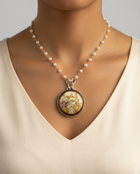 Satsuma Hand Painted Porcelain Button Set in Sterling Silver With Pearl Rosary Accent — worn on model