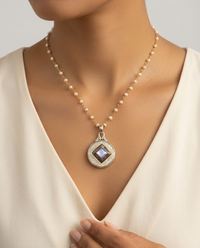 Victorian Carved Shell Pearl Button Set in Sterling Silver With Pearl Rosary Chain — worn on model