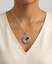 Victorian Carved Shell Pearl Button Set in Sterling Silver With Satellite Sterling Chain — worn on model