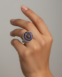 Victorian Carved Shell Button with Tourmaline Center Set in Sterling Silver ring Size 8 — worn on model