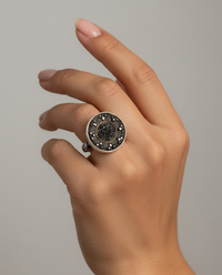 Antique Button Hand Czech Lacy Glass set in Sterling Silver Ring Size 7 — worn on model