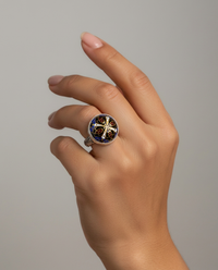 Antique Button Hand Painted Enamel Domed set in Sterling Silver Ring Size 7 — worn on model