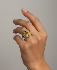 Antique Button Picture Metal Hot Air Baloon set in Sterling Silver Ring Size 7-3/4 — worn on model