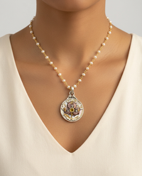 Victorian Carved Pearl Button with Tourmaline facet center Design Pendant 7/8" diameter set in Sterling Silver w/ Pearl Rosary — worn on model