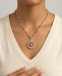 Victorian Carved Shell Pearl Button set in Sterling silver w/ garnet Rosary Necklace — worn on model