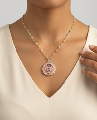 Victorian Carved Shell Pearl Button set in Sterling silver w/ Ethiopian Opal Rosary Necklace — worn on model