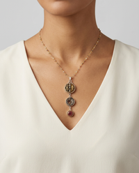 Victorian Three Button Drop Fleur du Lys Metal & Glass Buttons set in Sterling Silver w/ Stone Rosary Accent — worn on model