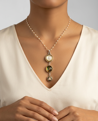 Victorian Three Button Drop Shell in Metal, Enamel & Glass Buttons set in Sterling Silver w/ Stone Rosary Accent — worn on model