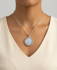 Victorian Opalescent Lacy Glass Button w/ gold Painted Accent set in Sterling silver w/ Pearl Necklace — worn on model