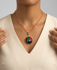 Leo Popper Two Tone Glass Button set in Sterling Silver accented w/ Coral Glass necklace — worn on model
