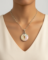 Victorian Carved Shell Tinted Bird Button set in Sterling Silver w/ Aquamarine Necklace — worn on model
