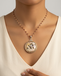 Victorian Carved Shell Tinted Iridescent Butterfly Button w/ Steel Facet Accent set in Sterling Silver w/ Garnet Necklace — worn on model