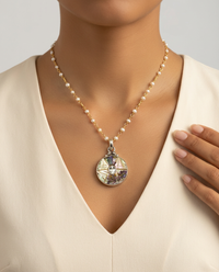 Victorian Carved Shell Tinted Button w/ Aquamarine Facet Stone Center set in Sterling Silver w/ Pearl Necklace — worn on model