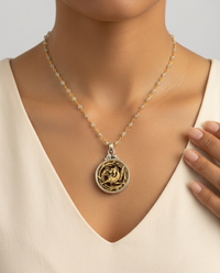 Antique Openwork Brass Dragon Button set in Sterling Silver accented with Facet Quartz Rosary Necklace 18" — worn on model