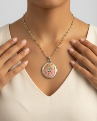 Victorian Carved Shell Button Painters Pallet set in Sterling Silver w/ Aquamarine Center Stone and Ethiopian Opal Necklace — worn on model