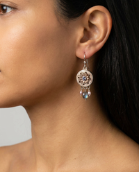 Victorian Carved Shell Button w/ Iolite facet Center w/Labradorite & Pearl accent — worn on model