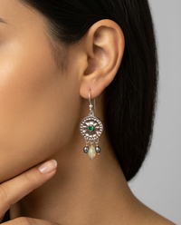 Victorian Tinted Shell Buttons w/ Emerald Center & Ethiopian Opals and Pearls accent — worn on model