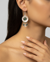 Victorian Carved Shell & Pearl Button With Emerald Center set in Sterling silver w/ Rainbow Quartz & TourmalineStone Dangle Accent — worn on model