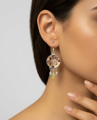 Victorian Carved Shell Button Village Scene set in Sterling silver w/ Ethiopian Opal & Pearl Dangle Accent — worn on model