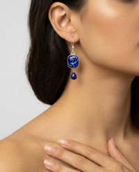 Victorian Leo Popper Glass Button Earrings Set in Sterling silver w/ Lapis Stone Accent — worn on model