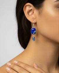 Victorian Leo Popper Glass Button set in Sterling Silver Earring w/ Lapis Teardrop Accent — worn on model