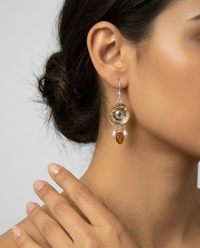 Victorian Carved Pearl Button Earrings Set in Sterling silver w/ Tourmaline Center & Carved Tourmaline and Pearl Stone Accent — worn on model