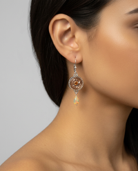Carved Shell Antique Button set in Sterling Silver W/ Ethiopian Opal Stone Accent & Tourmaline Center Stone — worn on model
