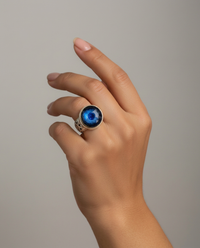 Victorian Facet Blue Glass in Metal Antique Button set in Sterling Silver Ring Size 7-1/2 — worn on model