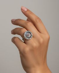 Victorian Carved Shell Antique Button with Garnet Facet Center Stone set in Sterling Silver Ring Size 7-1/2 — worn on model