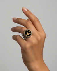 Victorian Metal Perfume Velvet Floral Button Set in Sterling Silver Filigree Ring Design Size 7.5 — worn on model