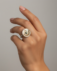Victorian Carved Shell W/ Tourmaline Center Button set in Sterling Silver Ring Size 8.5 — worn on model