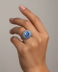 Victorian Carved Shell Tinted Button with Iolite Center set in Sterling Silver Ring Size 8 — worn on model