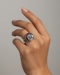 Victorian Carved Shell Button with Topaz Center set in Sterling Silver Ring Size 8 — worn on model