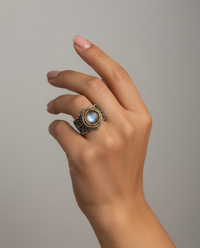 Victorian Saphiret Glass set in set Metal Buttons Czech Republic set in sterling Silver Ring Size 7.5 — worn on model