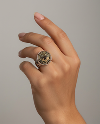 Victorian Glass set in set Metal Buttons Czech Republic set in sterling Silver Ring Size 7.5 — worn on model