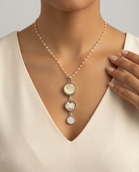 Victorian Three Button Drop Carved Tinted Shell and Pearl w/ Steel set in Sterling Silver w/ Stone Rosary Accent — worn on model