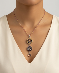 Victorian Three Button Drop Carved Tinted Shell and Pearl w/ Steel set in Sterling Silver w/ Stone Rosary Accent — worn on model
