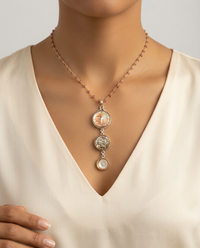 Victorian Three Button Drop Ornate carved shell & Pearls set in Sterling Silver w/ Stone Rosary Accent — worn on model