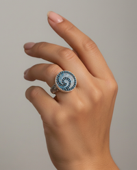 Victorian Blue Glass Button set in Sterling Silver Ring Size 7 — worn on model