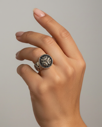Victorian Lacy Glass Button set in Sterling Silver Ring Size 7.5 — worn on model