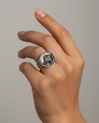Victorian Lacy Glass Button set in Sterling Silver Ring Size 7.5 — worn on model