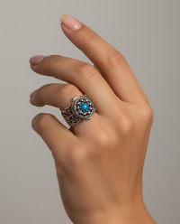 Victorian Luster Blue Glass Button set in Filigree Sterling Silver Ring Size 7.5 — worn on model