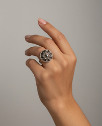 Vintage Czech Glass Button with Silver Luster set in Sterling Silver Ring Size 7 — worn on model