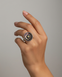Victorian Carved Tinted Shell Button with Tourmaline Center Set in Sterling silver Ring Size 8 — worn on model